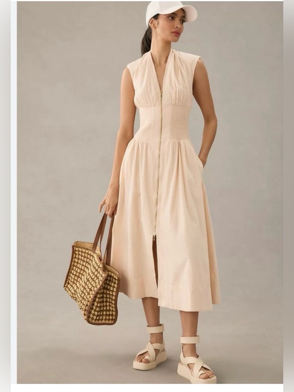 Anthropologie Cream Sleeveless Zip-Front Midi Dress